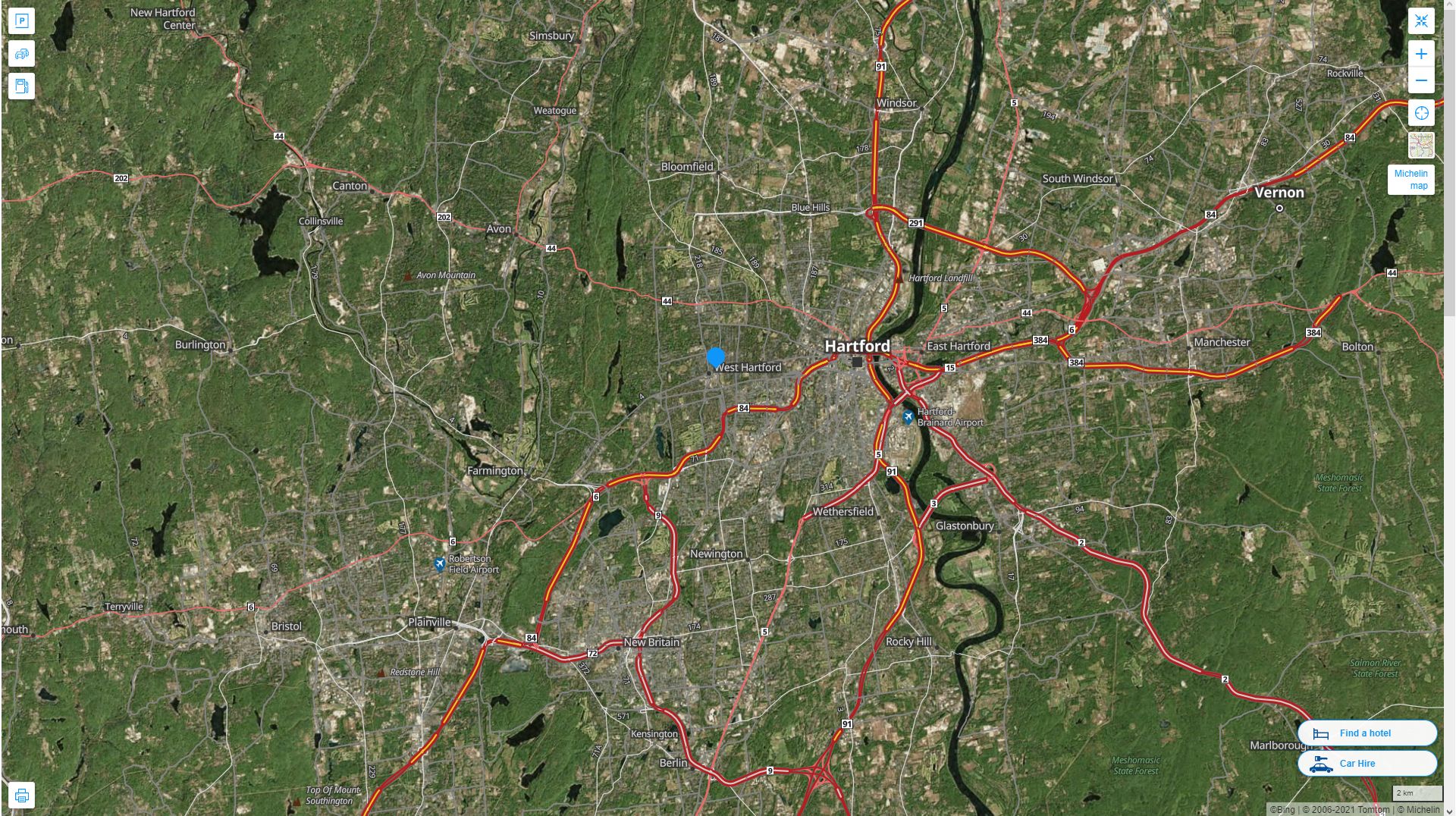 West Hartford Connecticut Highway and Road Map with Satellite View
